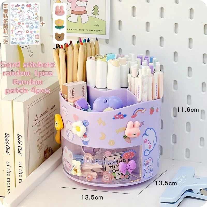 Rotating Desktop Pen Holder with Drawer - Kawaii Stationery Organizer