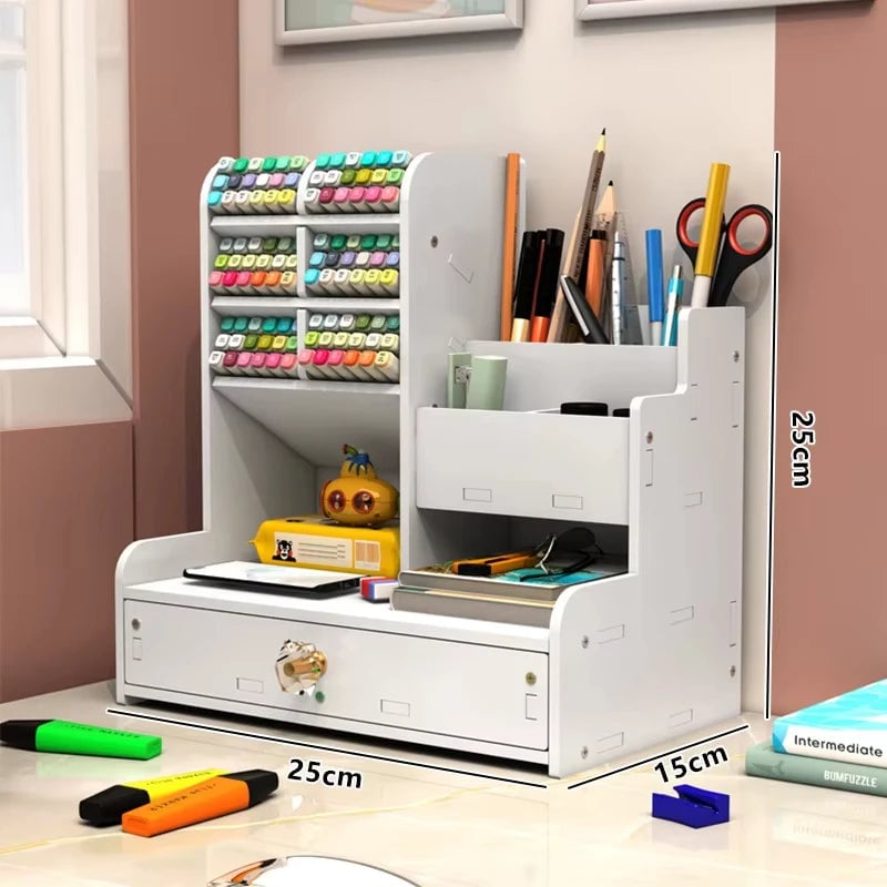 Wooden Desktop Organizer with Shelves - Multi-Compartment Pen Holder