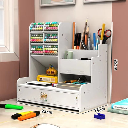 Wooden Desktop Organizer with Shelves - Multi-Compartment Pen Holder
