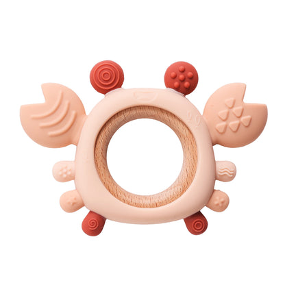 BPA Free Silicone Baby Teether 0-6 Months Wooden Ring Crab Toy