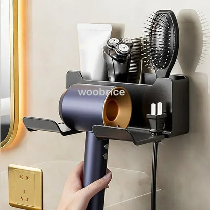 Wall Mount Hair Dryer Holder with Brush Storage Box Bathroom Organizer