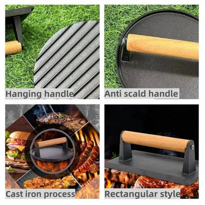 Cast Iron Rectangular Meat Press Heavy-Duty Steak Burger Grill