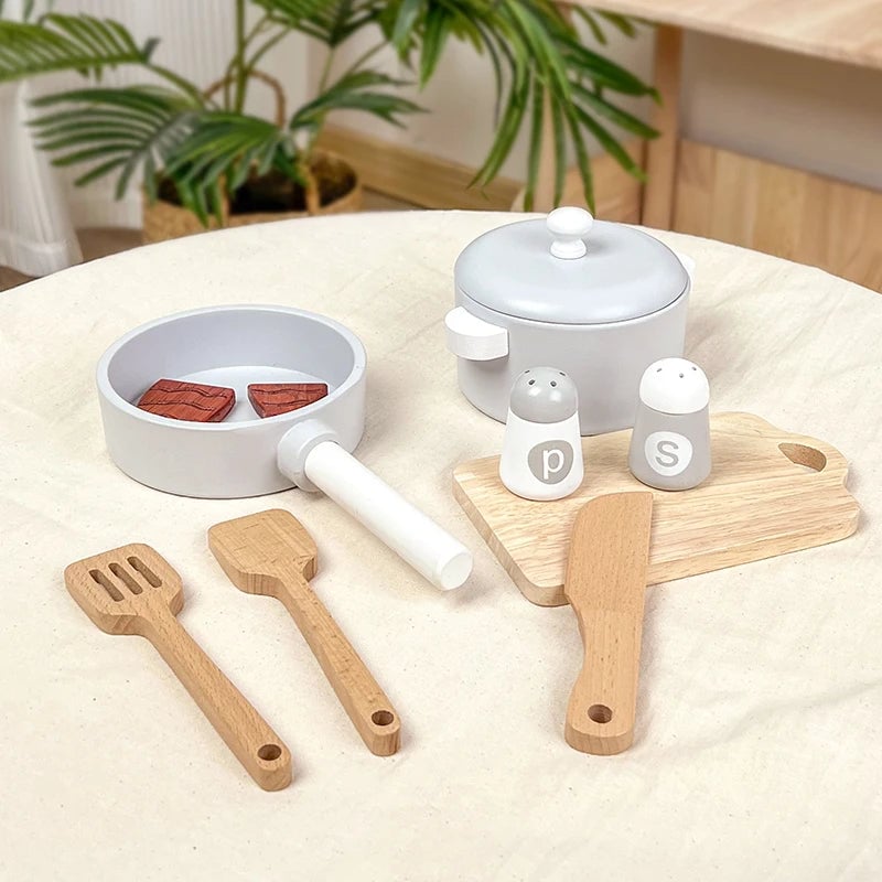 Wooden Kitchen Play Set - Chef Role Play Toys with Pots Pans & Food