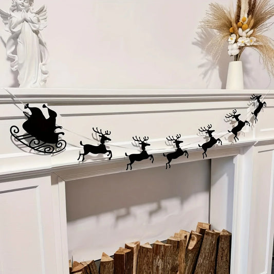 Black Felt Christmas Garland Reindeer Santa Sleigh Fireplace Decor