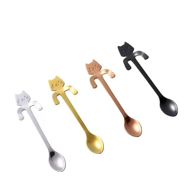 4pc Stainless Steel Mini Cat Kitten Coffee Tea Dessert Spoons Set