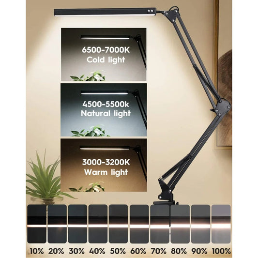 10W LED Clamp Desk Lamp - Swing Arm, 10 Brightness Levels, 3 Modes