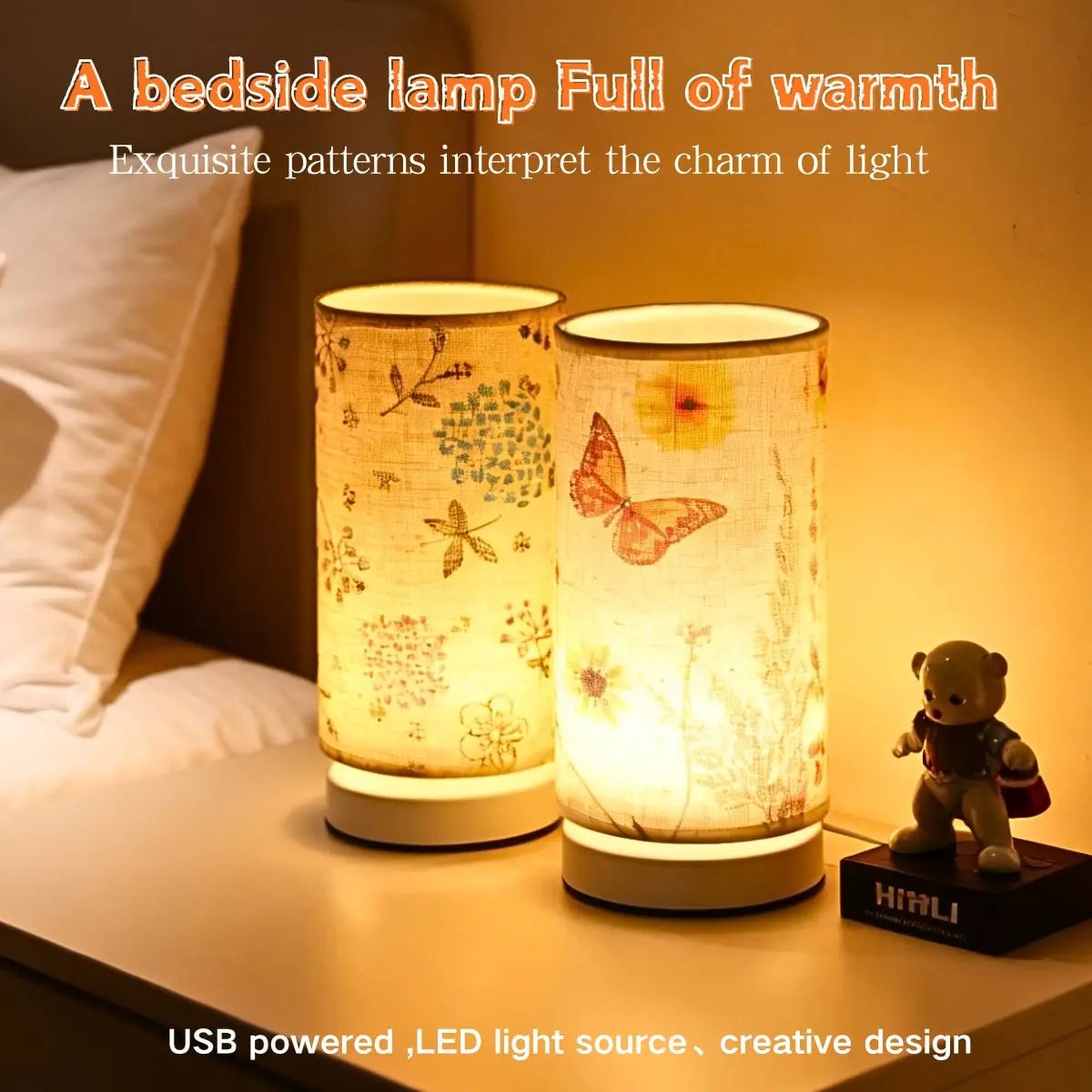 Nordic Retro USB Table Lamp Fabric Shade Bedroom Study Lighting