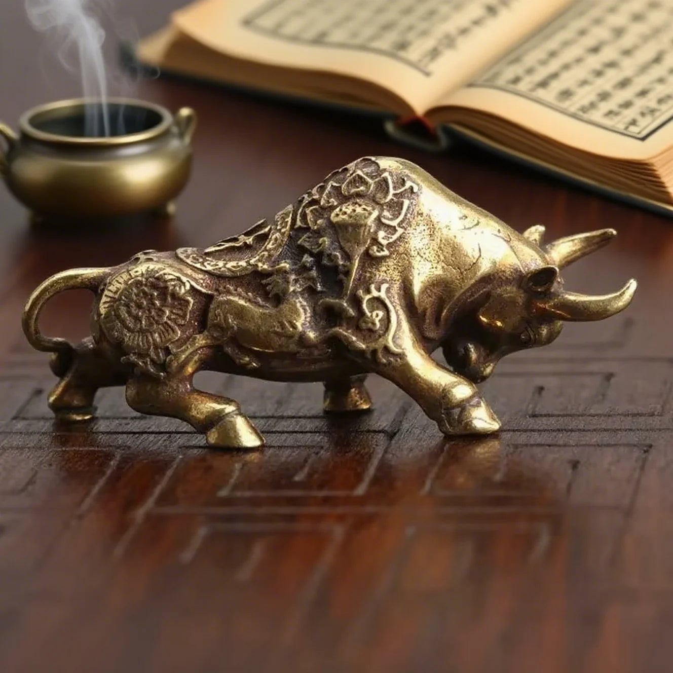 Brass Bullfighting Statue - Lucky Copper Figurine Desktop Ornament