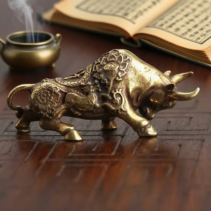 Brass Bullfighting Statue - Lucky Copper Figurine Desktop Ornament