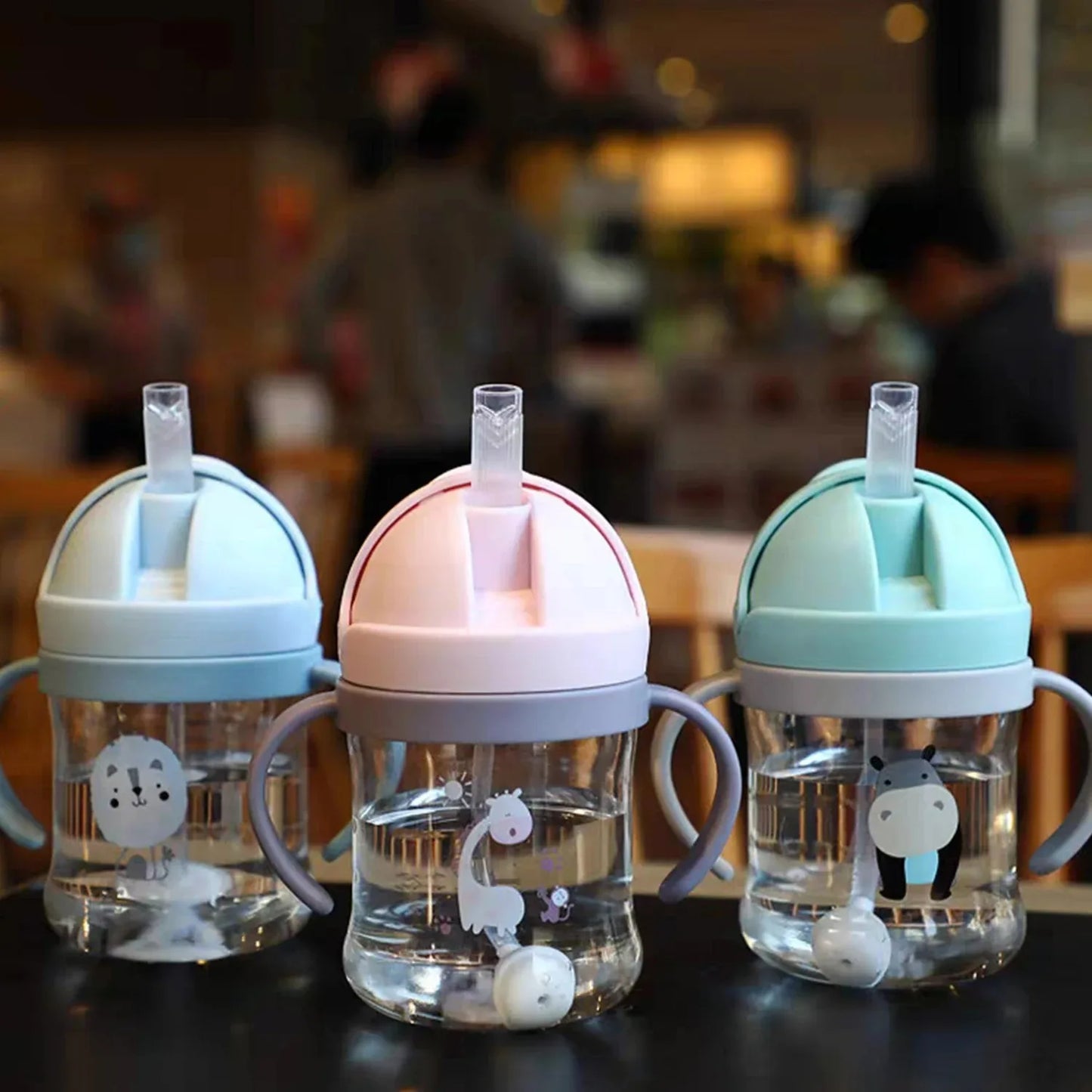 250ml Straw Cup Training Bottle - Spill-Proof Animal Print Design