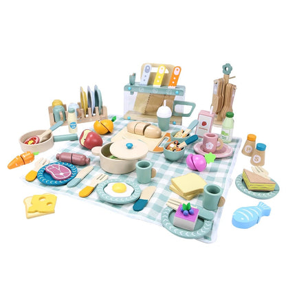 Wooden Kitchen Toy Food Set Educational Role Play Tableware Preschool