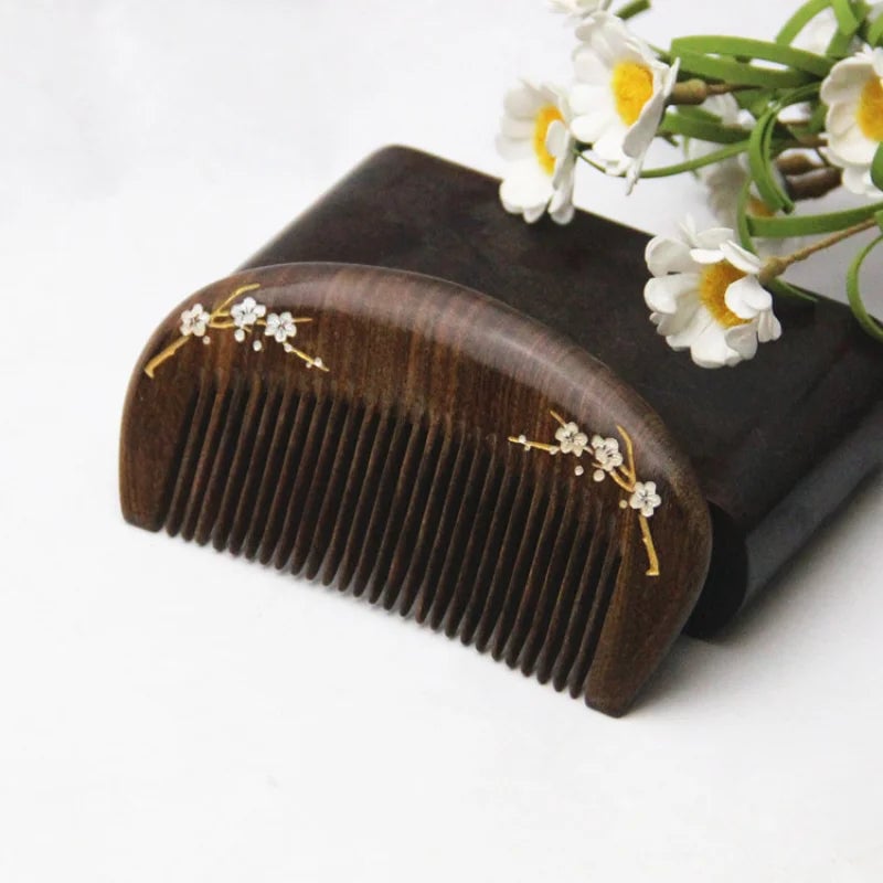 Natural Sandalwood Massage Hair Comb - Gold Plum Branch Design