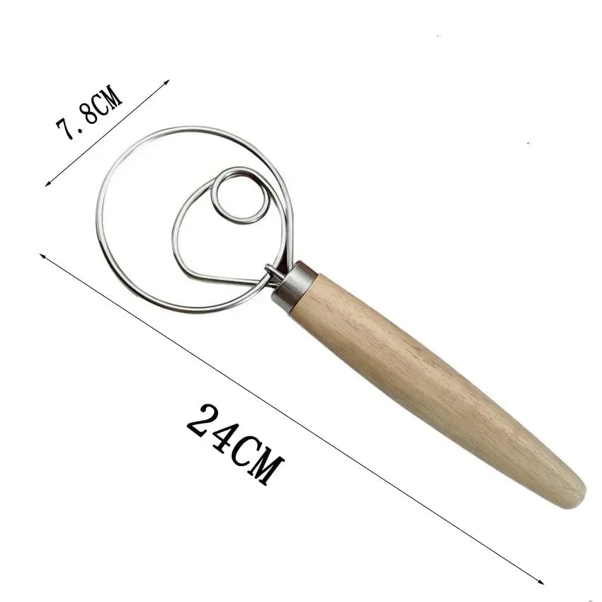 Danish Dough Whisk Stainless Steel Dutch Bread Mixer Wooden Handle