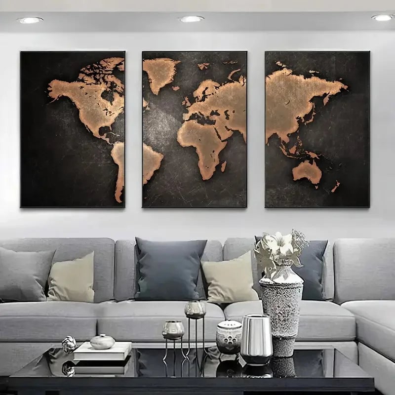 Retro World Map 3-Piece Canvas Wall Art Set Nordic Home Decor Posters