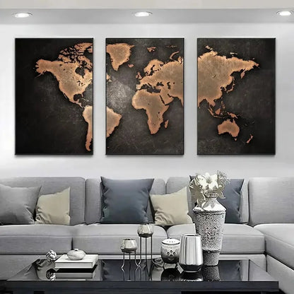 Retro World Map 3-Piece Canvas Wall Art Set Nordic Home Decor Posters