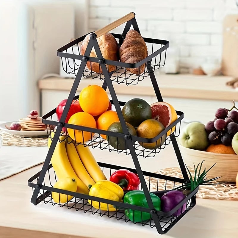 3-Tier Wire Mesh Fruit Storage Basket - Portable Kitchen Organizer