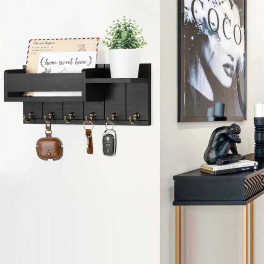 Rustic Wood Entryway Wall Shelf 6 Hook Mail Key Organizer Storage