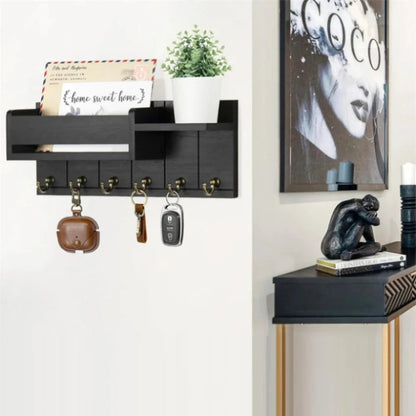 Rustic Wood Entryway Wall Shelf 6 Hook Mail Key Organizer Storage