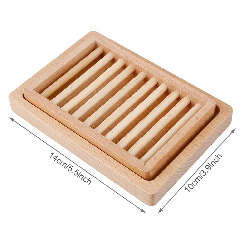 Two Tier Wooden Soap Dish Holder 14x10x2.5cm Bathroom Storage Tray