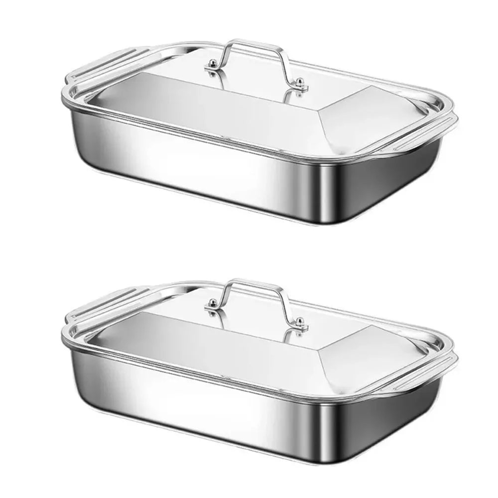 Stainless Steel Nonstick BBQ Fish Tray with Lid - Deep Baking Pan