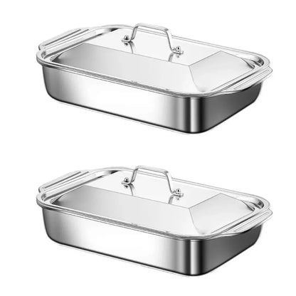 Stainless Steel Nonstick BBQ Fish Tray with Lid - Deep Baking Pan