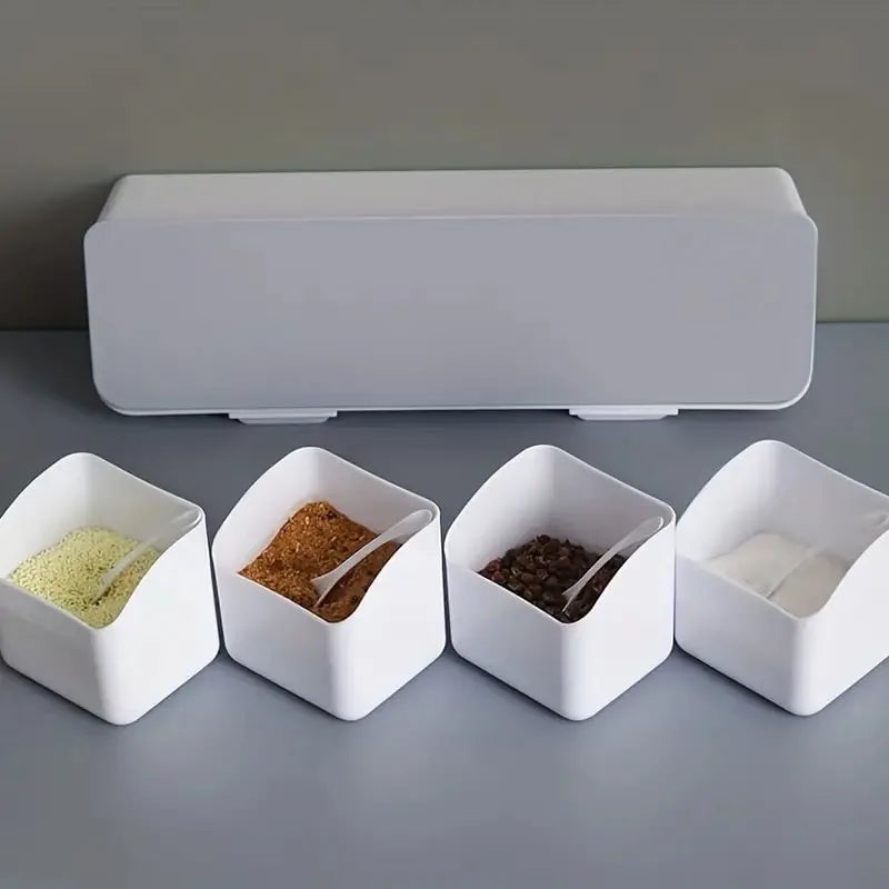 4 Grid Wall Mounted Spice Box Set - Salt Pepper Seasoning Storage