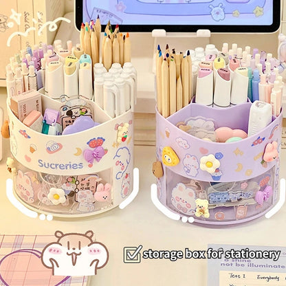 Rotating Desktop Pen Holder with Drawer - Kawaii Stationery Organizer