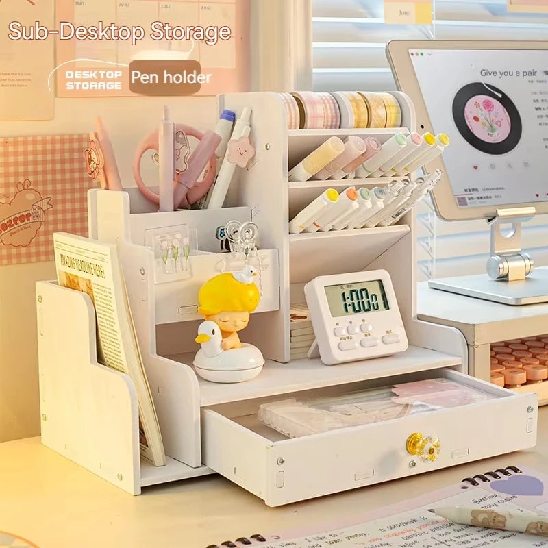 Wooden Desktop Organizer with Shelves - Multi-Compartment Pen Holder
