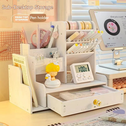 Wooden Desktop Organizer with Shelves - Multi-Compartment Pen Holder