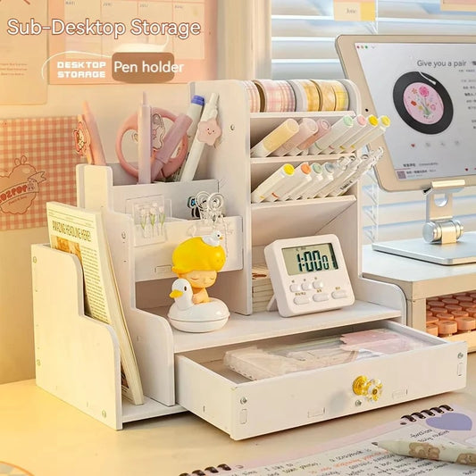 Wooden Desktop Organizer with Shelves - Multi-Compartment Pen Holder
