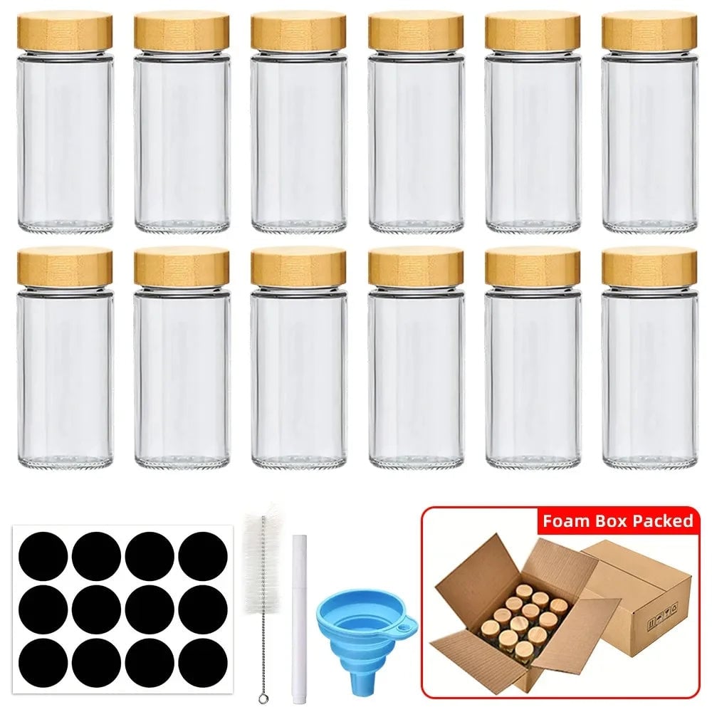 12pc Glass Spice Jars with Bamboo Lids, Labels & Collapsible Funnel