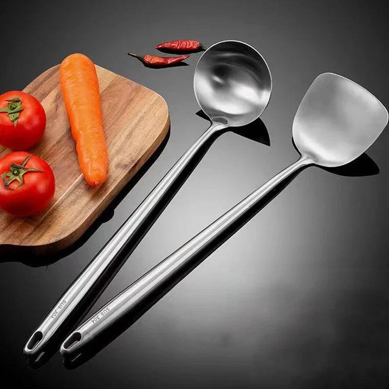 304 Stainless Steel Wok Spatula & Slotted Turner Rice Spoon Set
