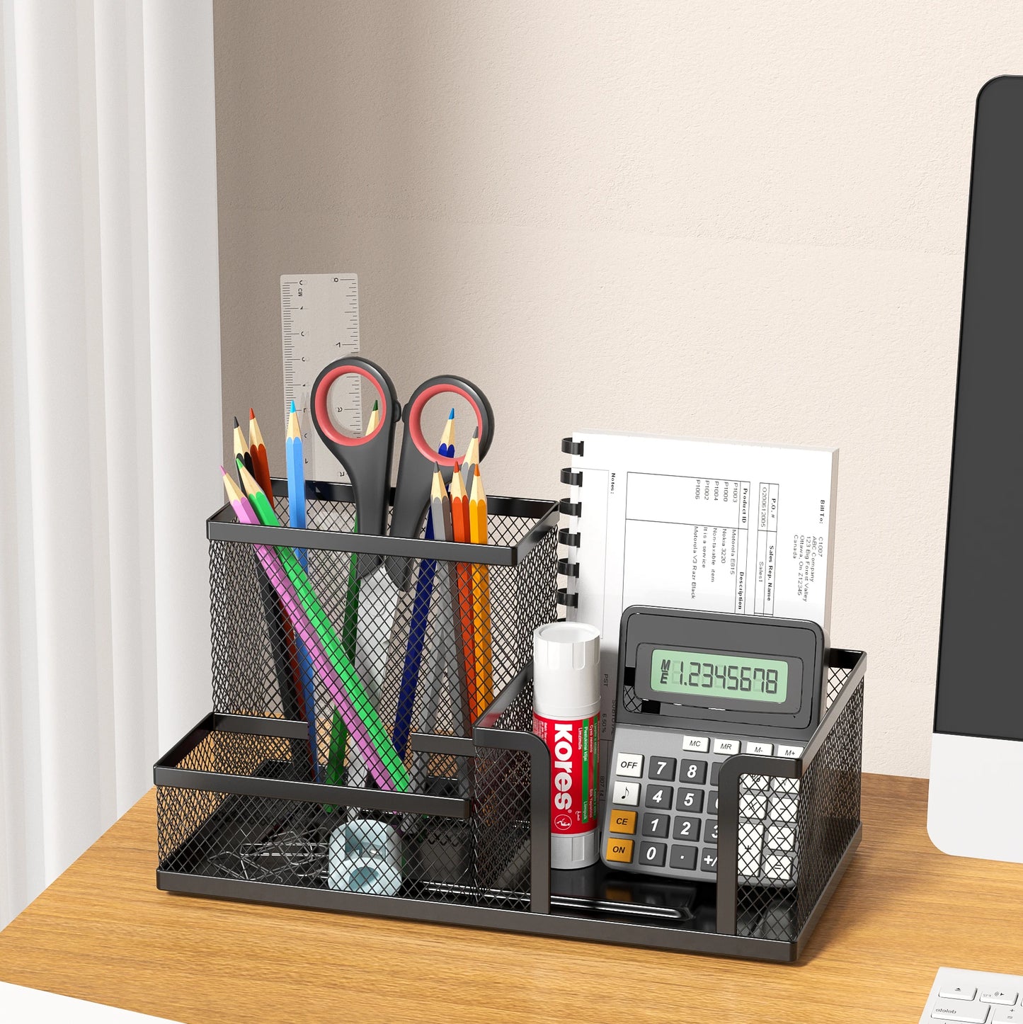 Black Mesh Desk Organizer Caddy with Pencil Holder Storage Baskets