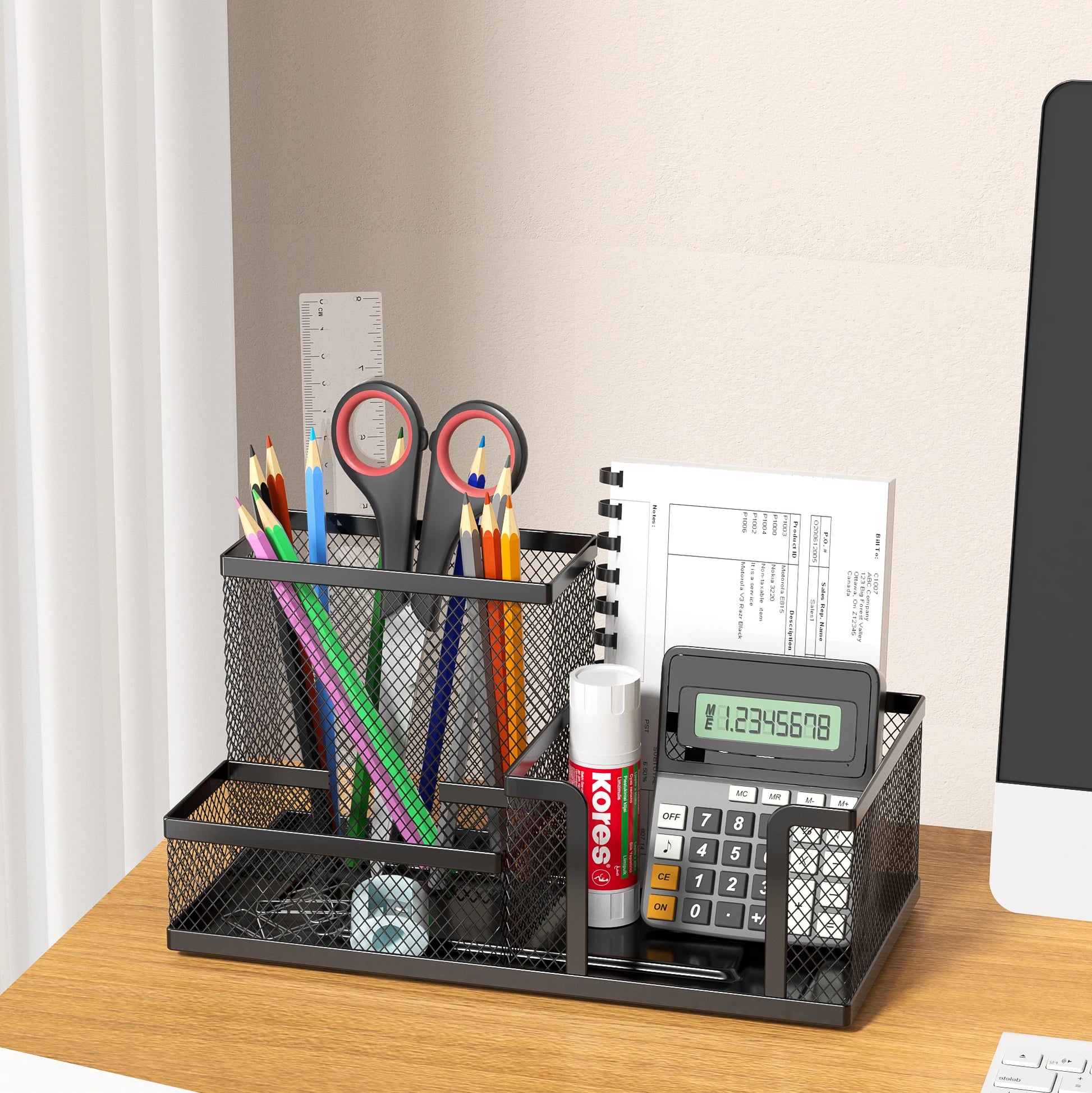 Black Mesh Desk Organizer Caddy with Pencil Holder Storage Baskets