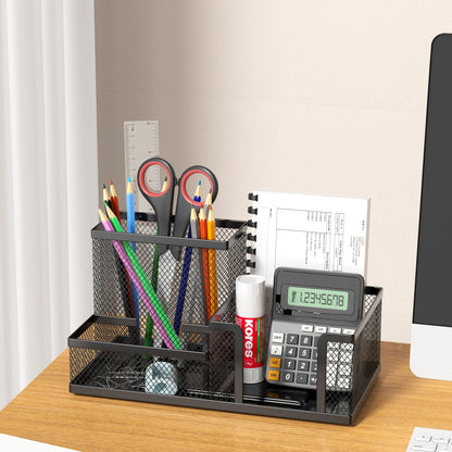 Black Mesh Desk Organizer Caddy with Pencil Holder Storage Baskets