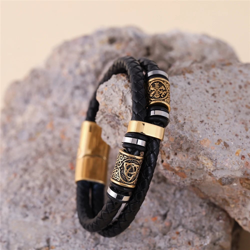 Norse Runes Genuine Leather Braided Bracelet Stainless Steel Beads