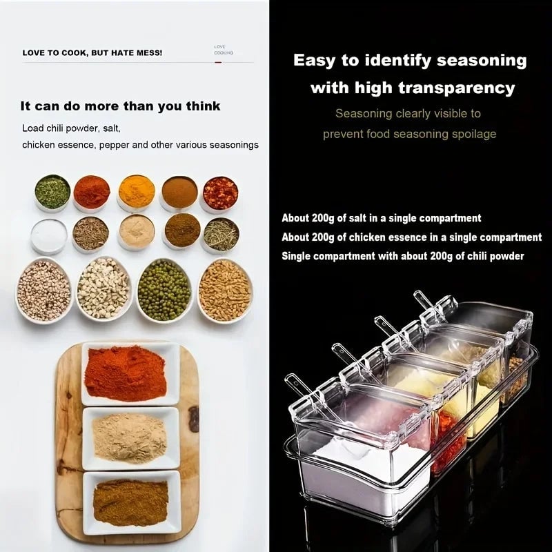 4-Compartment Transparent Seasoning Box with Spoon Lid Storage Base