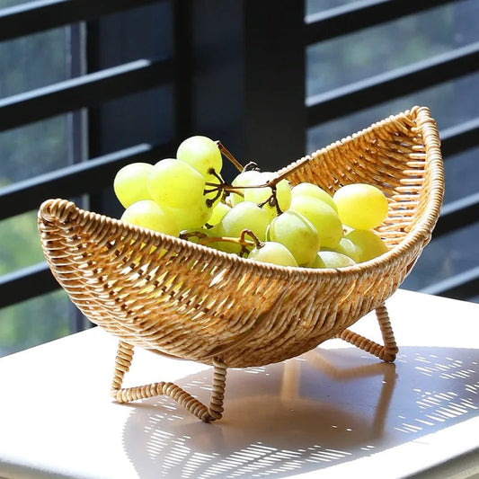 Crescent Woven Rattan Fruit Bowl Tray - Coffee Table Storage Basket