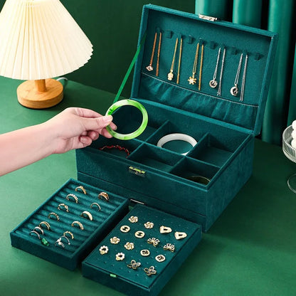 Green Velvet Jewelry Box Double Lock Large Capacity Vintage Style