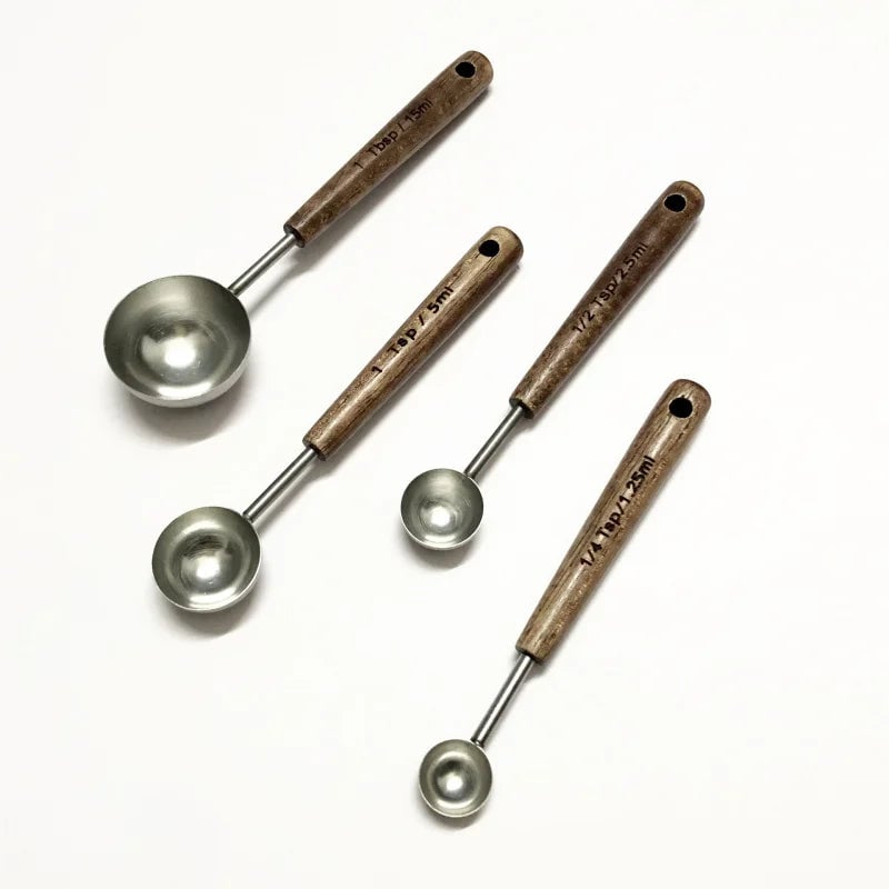 Oak Handle Stainless Steel Measuring Spoon - Coffee Bean Milk Powder