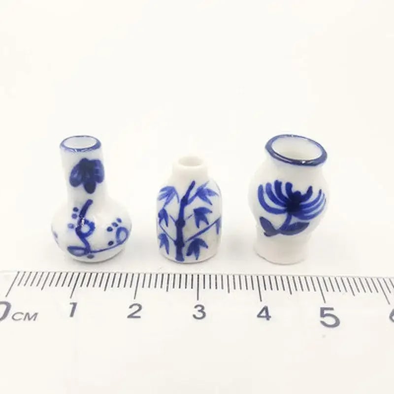 3pcs Mini Blue White Porcelain Vases Dollhouse Kitchen Ceramic Decor