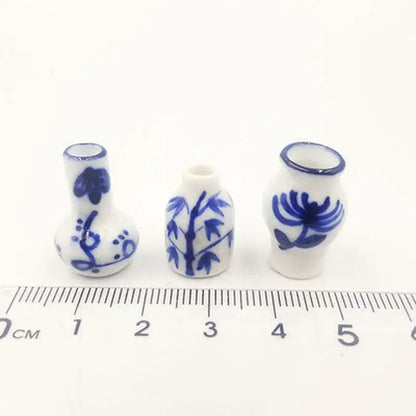 3pcs Mini Blue White Porcelain Vases Dollhouse Kitchen Ceramic Decor