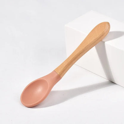 BPA Free Silicone Baby Spoon Fork Set - Wooden Handle Feeding