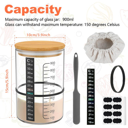 Glass Sourdough Starter Jar Kit - Fermentation Container with Lid