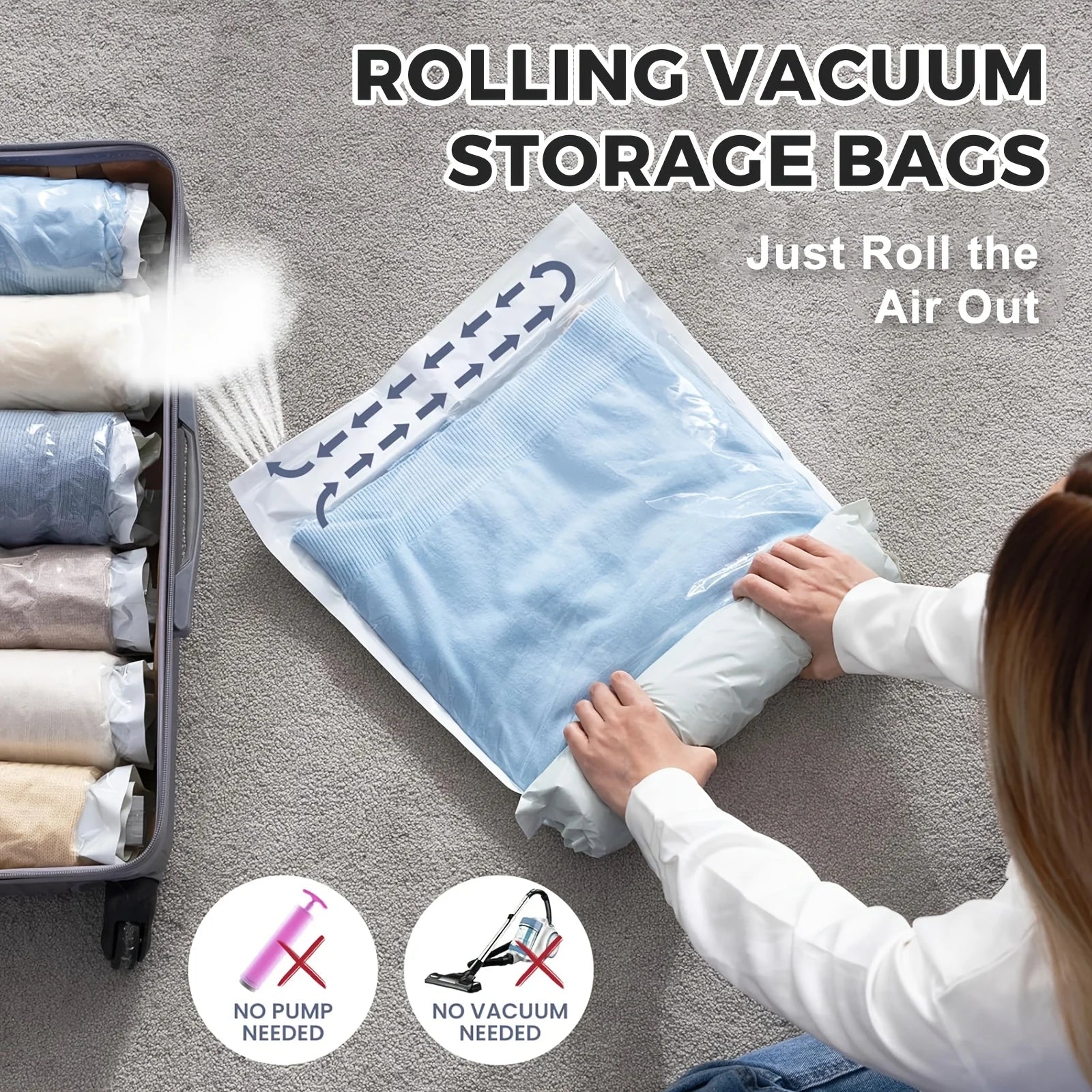 2-Pack Roll Up Compression Bags No Pump Required Travel Storage