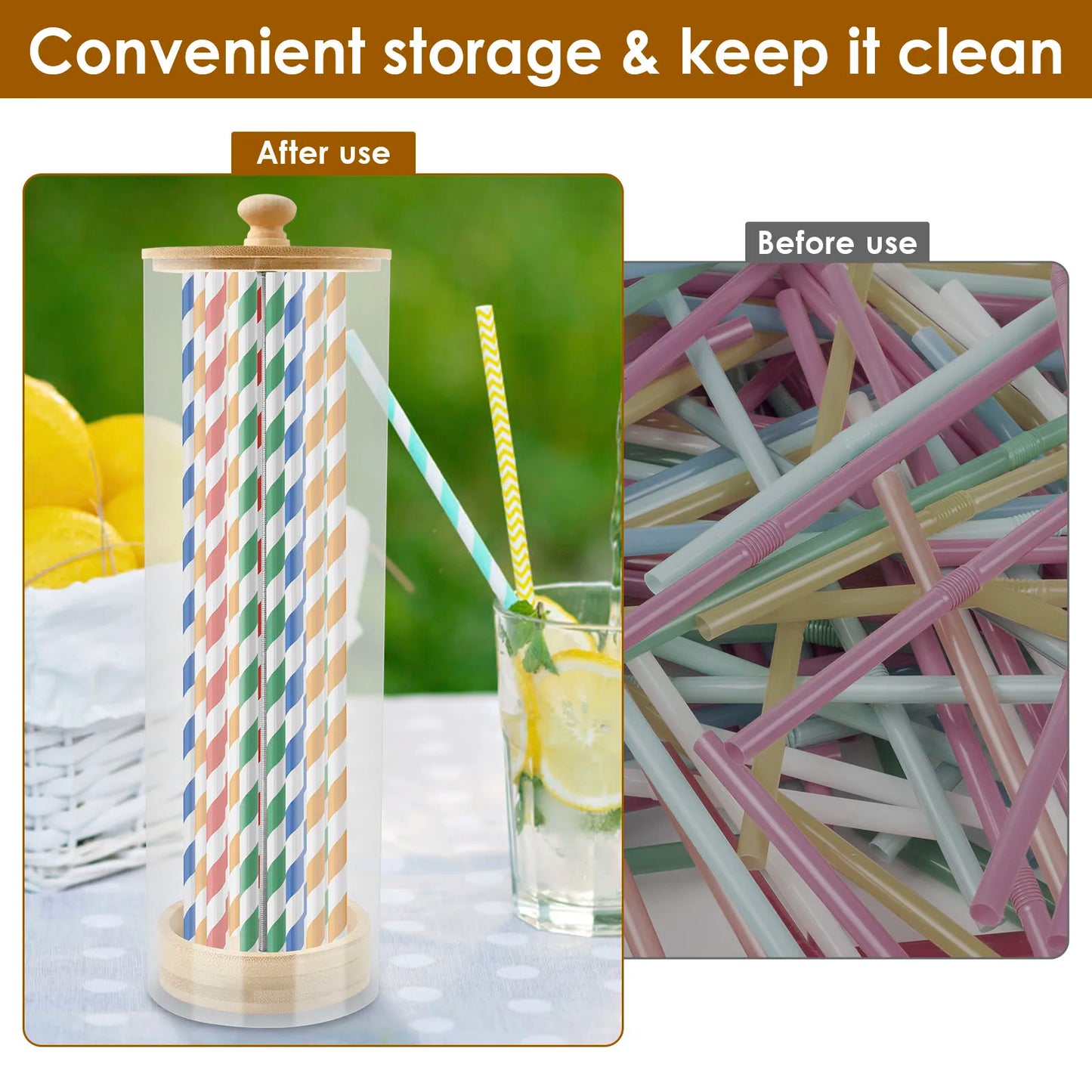 Clear Acrylic Straw Organizer with Wood Lid - Dustproof Storage Box