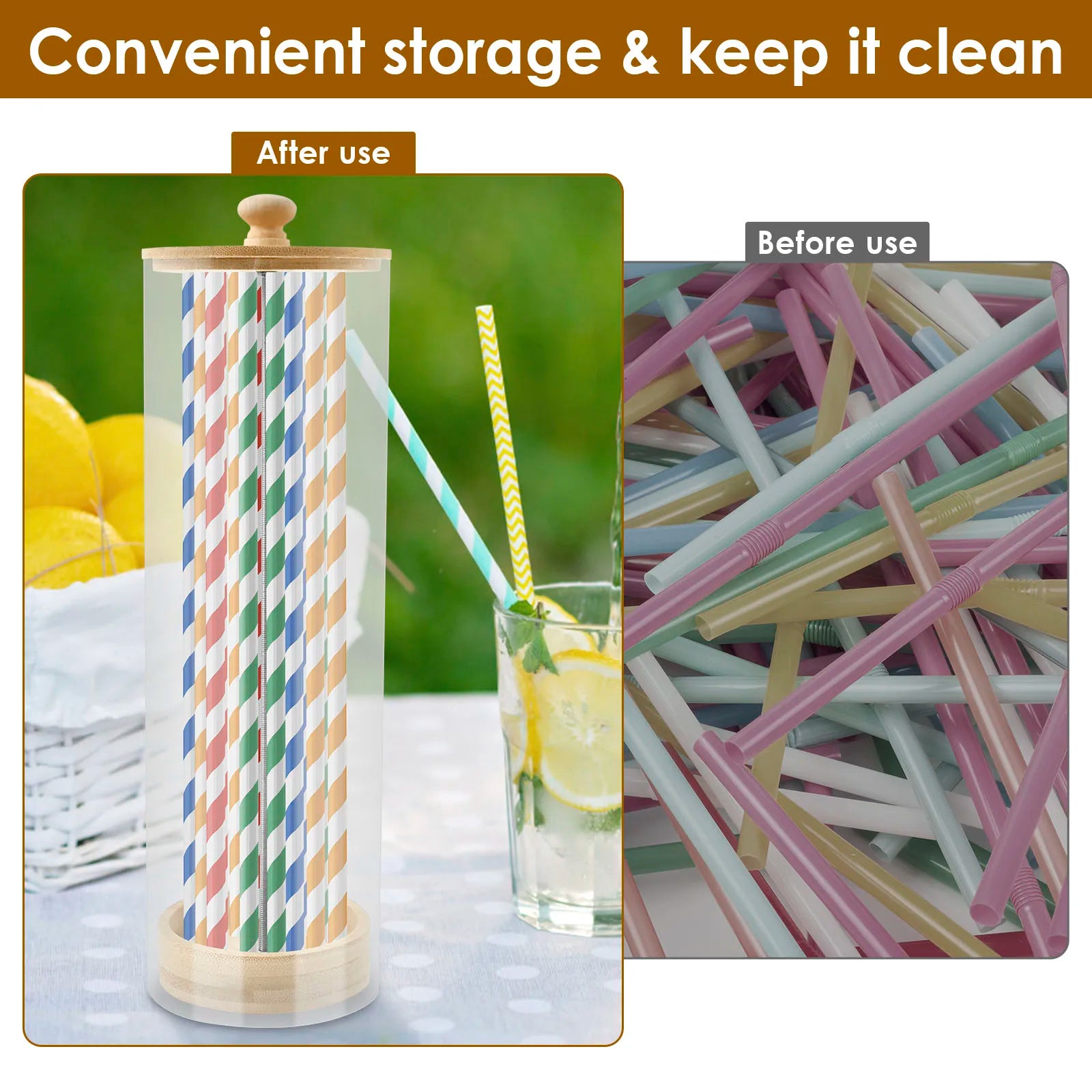 Clear Acrylic Straw Organizer with Wood Lid - Dustproof Storage Box