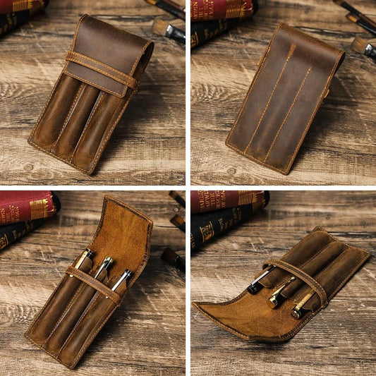 Handmade Cowhide Leather Pencil Case Magnetic Drawer 1/2/3 Slots