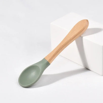 BPA Free Silicone Baby Spoon Fork Set - Wooden Handle Feeding