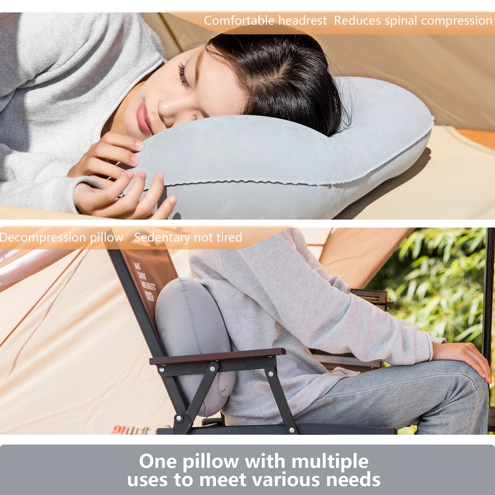 Portable inflatable camping pillow with neck and lumbar support. Ultralight design perfect for hiking and travel. Compact, comfortable sleep anywhere.